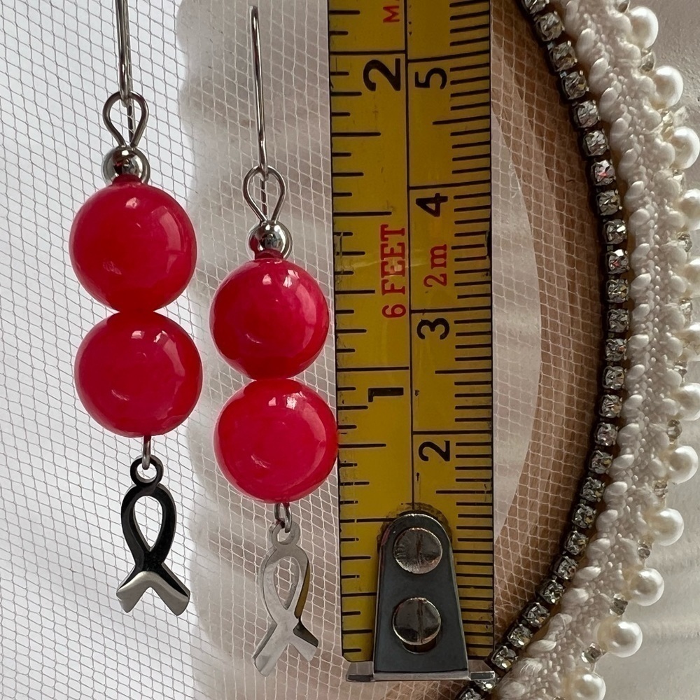 Pink Jade Awareness Ribbon Dangle Earrings - Picture 5 of 11